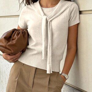 Apricot Casual Women's Short Sleeve Knit Top With Shawl Collar